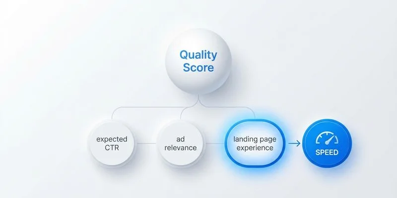 Breakdown of Google Ads Quality Score factors showing landing page experience and website speed
