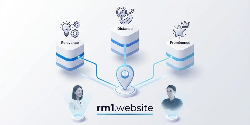Diagram showing the three Google Map Pack ranking factors relevance distance and prominence
