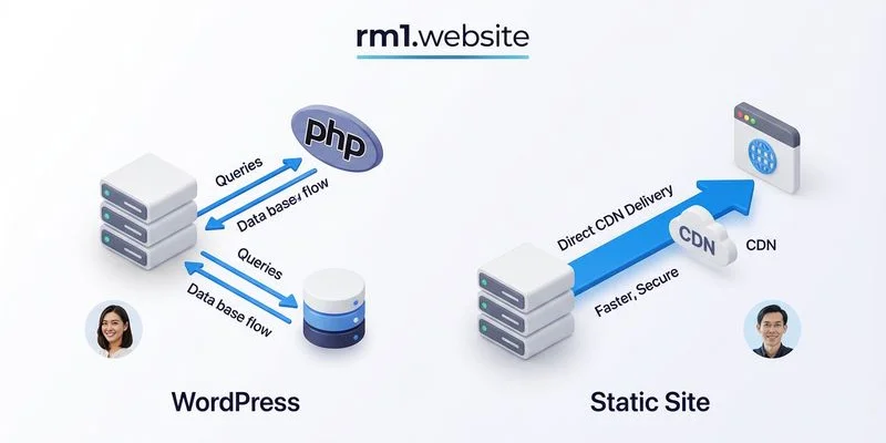 Diagram comparing how WordPress dynamically generates pages versus how static sites serve pre-built HTML files