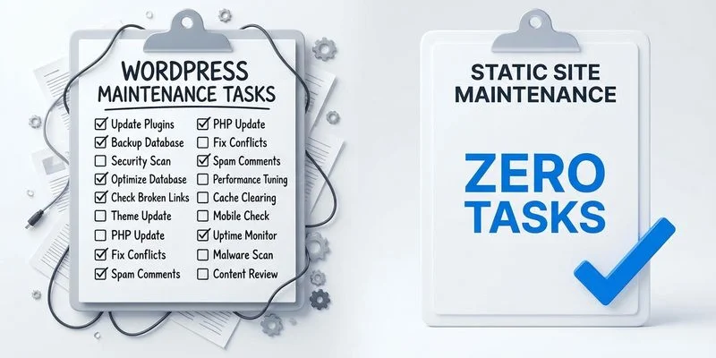 Comparison of monthly maintenance tasks required for WordPress versus static websites